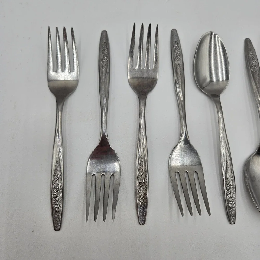 Vtg Radiant‎ Rose Floral Stainless Steel Spoon and Fork Set 8 Piece